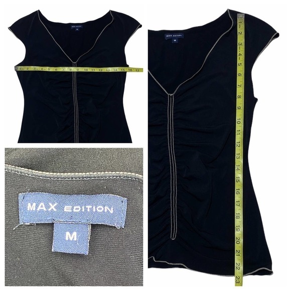 MAX Edition Black Cinched Cap Sleeve V-Neck Blouse - Picture 10 of 11